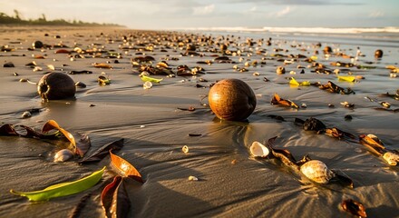 A wide shot of a sandy beach at sunrise or sunset, littered with numerous coconuts, seashells, and dried leaves, stretching towards the horizon under a soft, warm light.