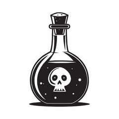 Black Poison Potion Bottle with Skull Icon. Spooky Halloween Vector Illustration. poison potion bottle featuring a skull symbol, perfect for Halloween, witchcraft, or spooky-themed designs