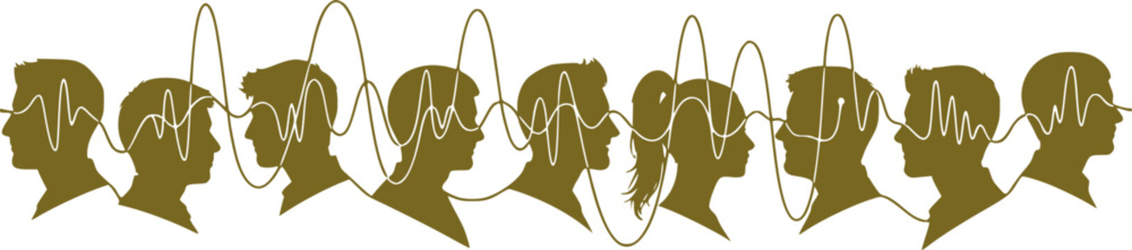 Collective Mental Health & Community Silhouette - Diverse Profiles Linked by Brainwave Black Vector