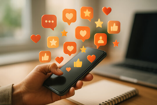 Social media engagement concept with interactive icons hovering above mobile phone in modern workspace environment