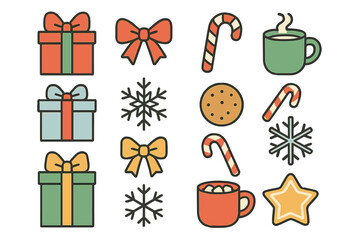 Wrapped gifts, bows, candy canes, hot cocoa mugs, and snowflakes for winter holidays