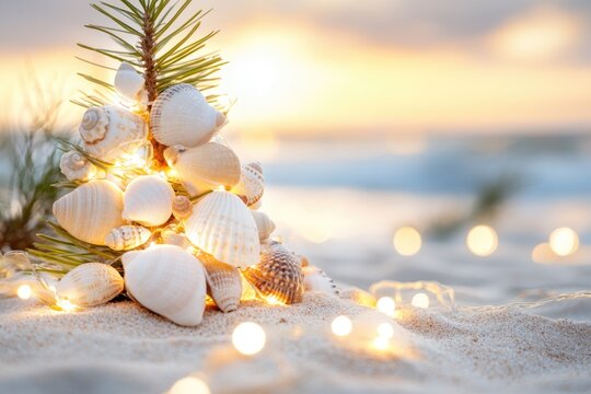 Seashell christmas tree on tropical beach with festive lights at sunset