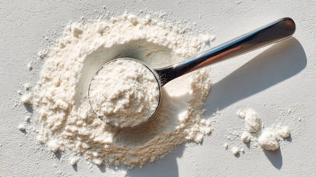 An metallic scoop of creatine monohydrate powder on a white table. Protein powder for training. Sports supplement, protein powder for training and for building muscle mass