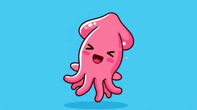 Happy Pink Squid Cute Cartoon Character on Blue Backdrop with Playful.