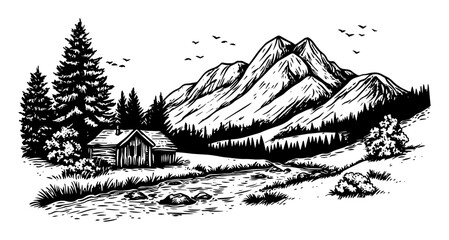 mountain landscape with cabin and river sketch vector © Kaz