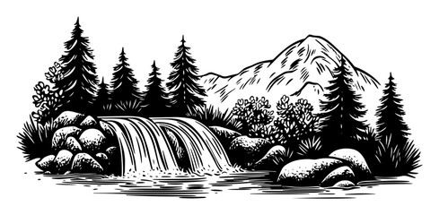 forest waterfall in the mountains sketch illustration © Kaz