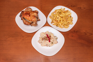 Honey-roasted chicken thighs mustard, served with double-cooked fries and fresh herb sauce on the side