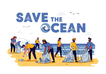 Community of dedicated volunteers collecting plastic waste and garbage from a sandy beach during an environmental cleanup event