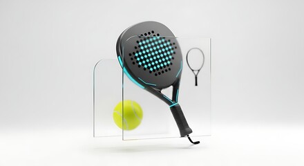 3D padel racket and ball behind frosted glass texture, minimal futuristic sports aesthetic, isolated on white background, clean modern design