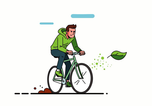 Vector illustration of a young man in a green hoodie riding his bicycle, promoting a healthy lifestyle and eco-friendly transportation