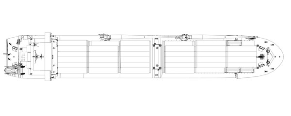 Container ship blueprint with detailed contour lines displays the vessel's hull, deck structure, and container arrangement. This technical drawing is ideal for maritime design concepts. Top view © German Ovchinnikov
