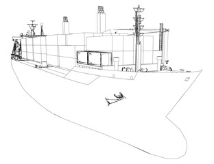 Container ship contour drawing in black and white on a plain background, featuring a detailed hull, superstructure, and stacked containers. This minimalist illustration is ideal for design projects.