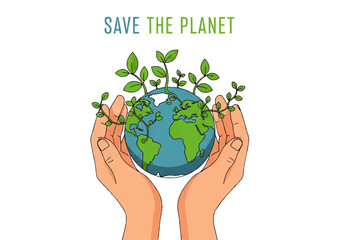 Save the Planet Hands Holding Earth with Green Plants, Eco-Friendly Initiative