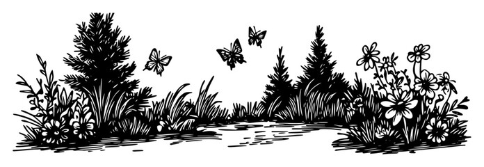 forest path with wild flowers and butterflies sketch © Kaz
