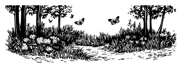 forest glade with path flowers and butterflies sketch © Kaz