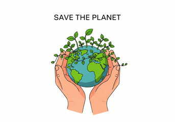 Illustration of hands gently cradling a vibrant Earth, adorned with lush green plants, symbolizing global environmental protection, sustainable living, and a commitment to a healthier future planet