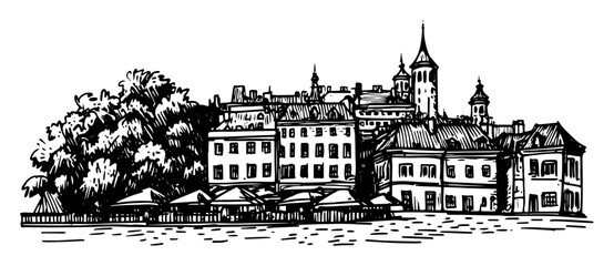 Obraz premium historic european riverside town architecture panorama