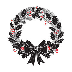 Christmas Wreath with Bow and Red Berries Vector Illustration. Elegant Christmas wreath illustration decorated with holly leaves, pine branches, red berries, and a festive bow. Perfect for holiday