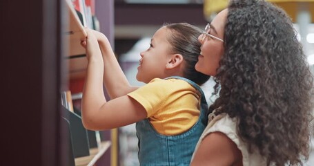 Search, mother and girl in library, help and education with growth, learning and books. Family, parent and mama with daughter, support and knowledge with child development, decision and literacy