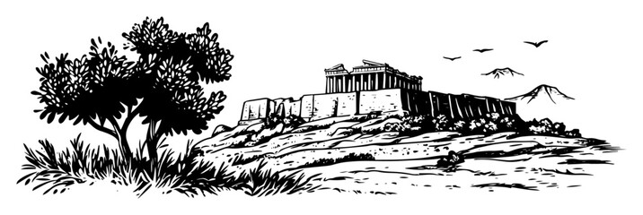 acropolis of athens parthenon landmark on a hill sketch
