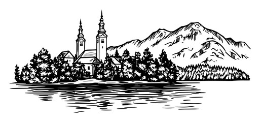 mountain lake church with twin spires landscape illustration