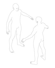 Two men in a realistic black and white contour drawing. One man has his arm around the other's shoulder, facing each other against a plain white background. Isometric view