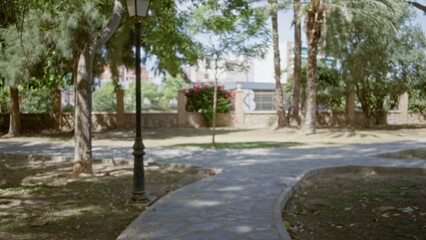 Obraz premium Blurred park path featuring a lamp post, palm trees and stone walkway in soft bokeh park; background copyspace backplate.