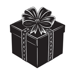 Elegant Black and White Gift Box with Ribbon. Minimalist design showcases a detailed bow and a geometric pattern on the gift’s wrapping, making it an ideal choice for celebrating special occasions