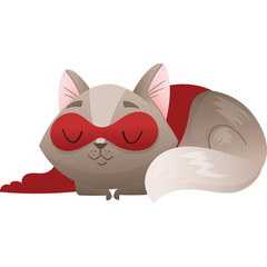 Cute Cartoon Gray Cat Wearing Red Superhero Mask and Cape Sleeping Peacefully on Transparent Background Vibrant Colors Cozy Comfort Adorable Pet Character
