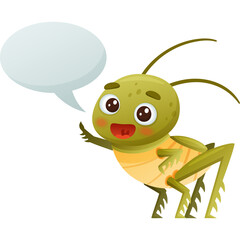 Cute cartoon green grasshopper character waving and speaking with a speech bubble on transparent background