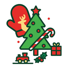 Christmas Tree, Candy Cane, Gift Box, Mittens, and Reindeer, t-shirt design, retro.