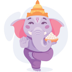 Cute Cartoon Ganesha Elephant Deity Offering Sweets with A Peaceful Expression on Transparent Background