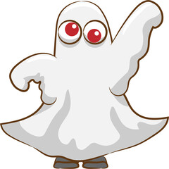 Cute Cartoon Ghost Character With Red Eyes Waving Hello White Sheet Costume Transparent Background