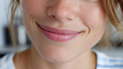 Fototapeta premium Close-up of a woman's smiling face with freckles.