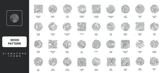 Wood pattern, annual rings of forest tree, wavy and curved lines of board or log cut icon set. Wooden texture, circle and square shape of topographic map thin black outline symbols vector illustration