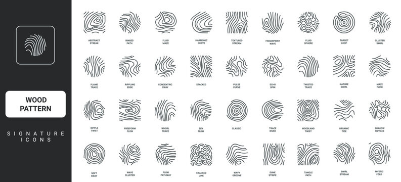 Wood pattern, annual rings of forest tree, wavy and curved lines of board or log cut icon set. Wooden texture, circle and square shape of topographic map thin black outline symbols vector illustration