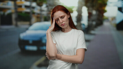 Fototapeta premium Woman standing on city street, redhead in white shirt, outdoors in urban setting, looking pensive, reflecting on life, with blurred car in background, daytime, emotional expression.