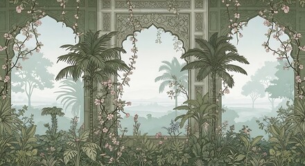 Traditional Mughal garden scene in Pichwai style featuring peacock and arches, designed for wallpaper