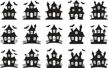 Halloween Haunted House Icon Set - Spooky Mansion Vector Illustration Isolate on White Background 
