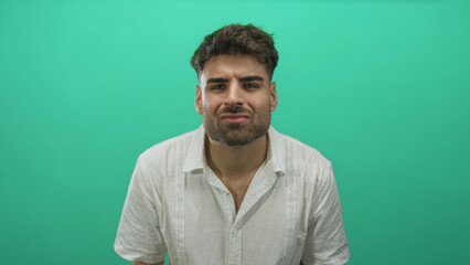 Fototapeta premium Man in white linen shirt scowls with furrowed brow and tightened jaw in bright green studio set; annoyance.