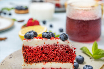 Red Velvet Cake with Almond Praline: Toasted almond crunch and fresh blueberries