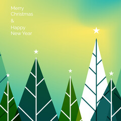 Bright green and white Christmas trees celebrating the New Year with cheerful wishes and a festive atmosphere