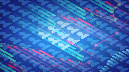Colorful abstract digital design with geometric patterns and data visualizations in blue tones