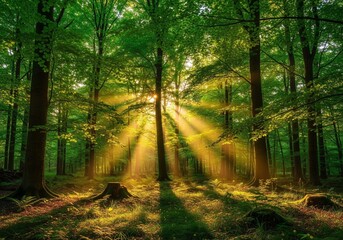 Fototapeta premium Sunbeams streaming through a lush green forest canopy, illuminating the woodland floor