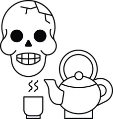 A skull is sitting next to a teapot
