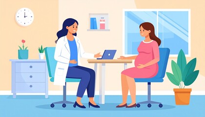 Pregnant woman visiting doctor &mdash; Flat Cartoon Vector Illustration