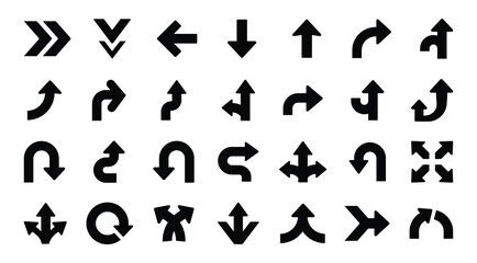 Road or way direction arrows isolated set. Collection of black road direction signs. Road navigation arrows. Traffic route. Vector illustration. © Propakages
