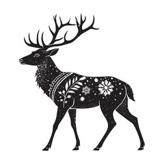 Christmas Reindeer Vector Illustration. Black and White Decorative Winter Deer Silhouette with Snowflakes. Elegant black and white Christmas reindeer vector illustration