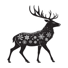 Christmas Reindeer Vector Illustration. Black and White Decorative Winter Deer Silhouette with Snowflakes. Elegant black and white Christmas reindeer vector illustration
