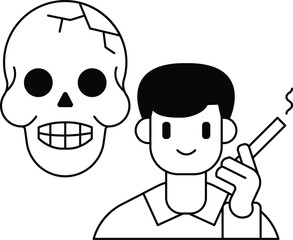 A man is smoking a cigarette while a skull is behind him